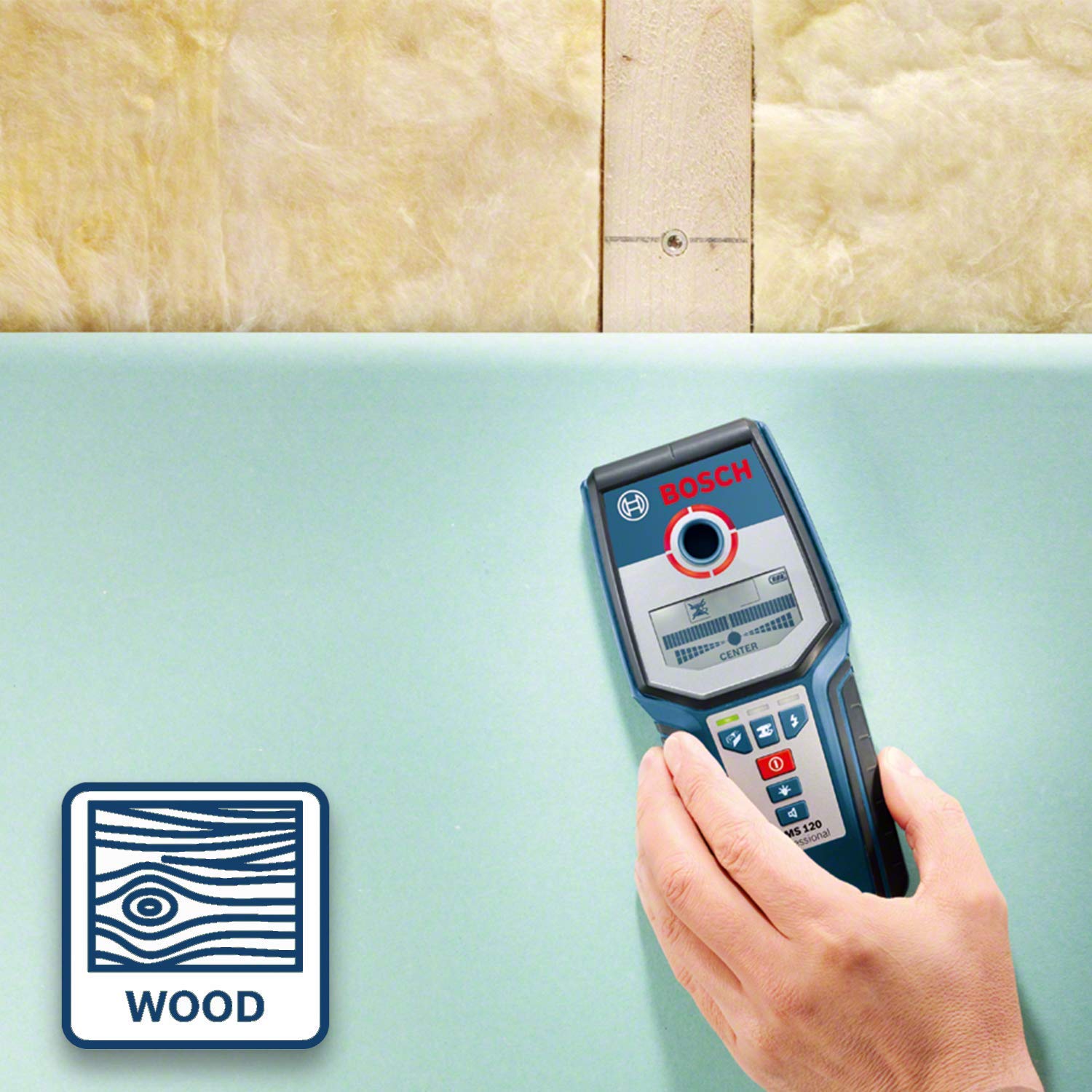 Bosch Professional Stud Finder GMS 120 (Drill hole marker, max. detection depth wood/magnetic metal/non-magnetic metal/live cable: 38/120/80/50 mm, in cardboard box) - Amazon Exclusive Set