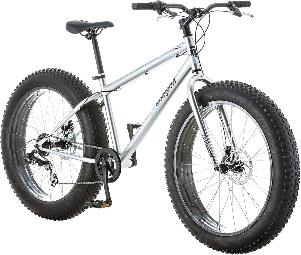 Malus Mens and Women Fat Tire Mountain Bike, 26-Inch Bicycle Wheels, 4-Inch Wide Knobby Tires, Steel Frame, 7 Speed Drivetrain, Shimano Rear Derailleur, Disc Brakes