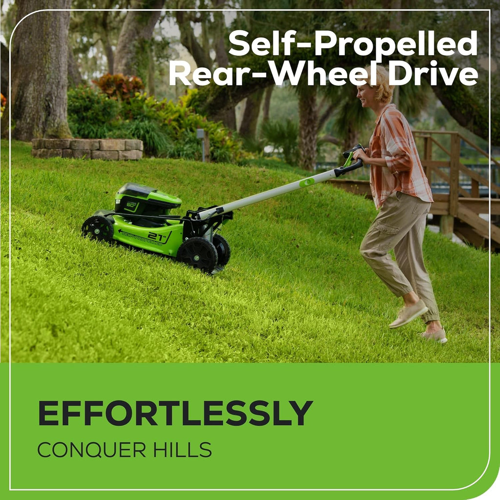 Greenworks 60V 21” Cordless (Self-Propelled) Lawn Mower , 2 x 4.0Ah Batteries and Dual Port Rapid Charger sgtnighsdesigns
