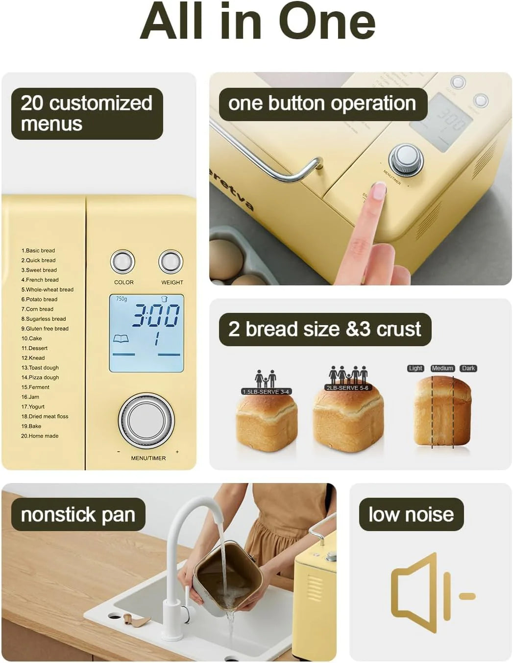 Neretva Bread Maker, 20-in-1 2LB Bread Maker Dual Heater Bread Maker Automatic with Non-Stick Ceramic Pan