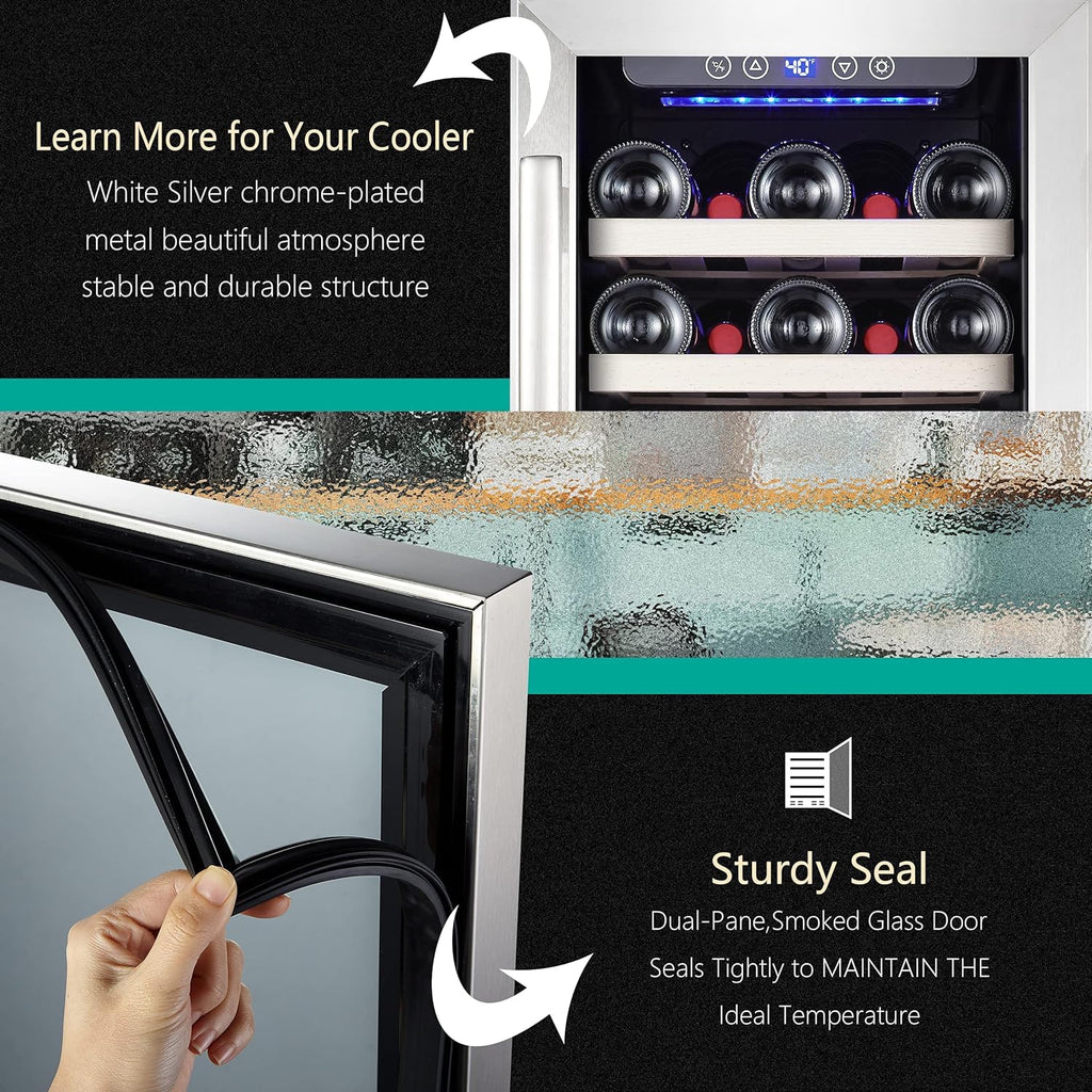 24 inch Wine Cooler, 46 Bottle - Dual Zone Built-in or Freestanding Fridge with Stainless Steel Reversible Glass Door, for Home, Kitchen, or Office.