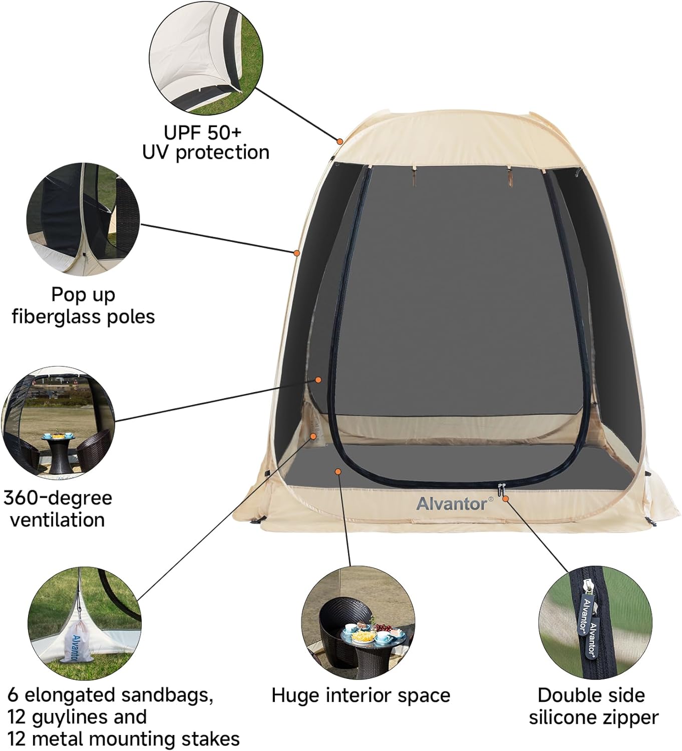 Screen House Room Camping Tent Outdoor Canopy Pop Up Sun Shade Shelter 8 Mesh Walls Not Waterproof Beige 12'x12' Patent Pending