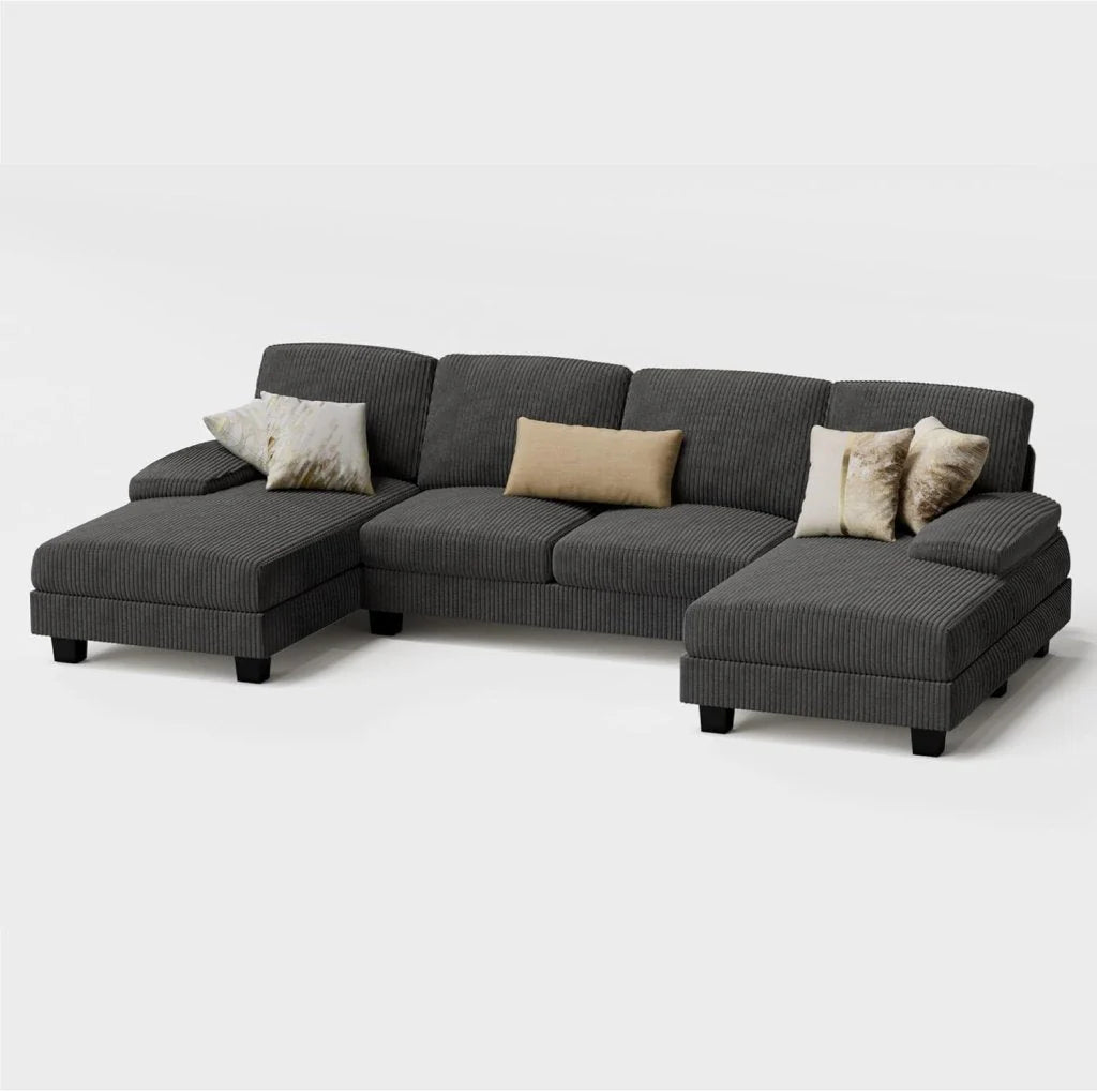 Furmax Sectional Couches for Living Room, U-Shaped Sofa Couch with Linen Fabric, 4 Seat Sofa Set with Double Chaise for Apartment (Fabric, Grey)