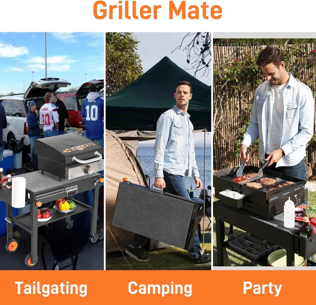 Portable Outdoor Grill Table, Folding Grill Cart Solid and Sturdy, Blackstone Griddle Stand Large Space, Blackstone Table with Paper Towel Holder, Grill Stand for Blackstone Griddle, Ninja Grills etc