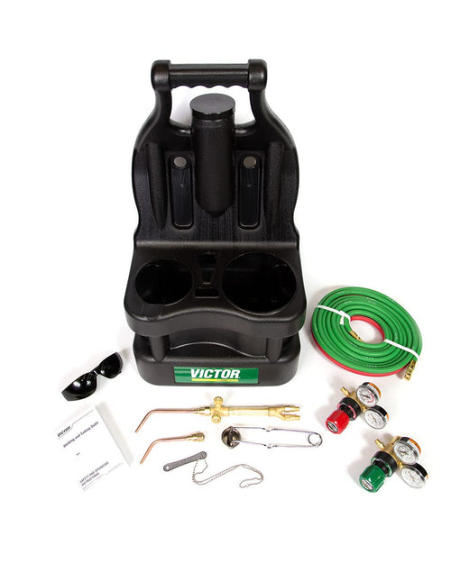 0384-0945 G150 J-P Light Duty Gas Welding Outfit Tote Kit Without Tanks, R150-200/R150-540 Gas Regulators, 103-01FP Torch Handle, Striker, 12.5' - 3/16" Hose, Goggles, Tank Key