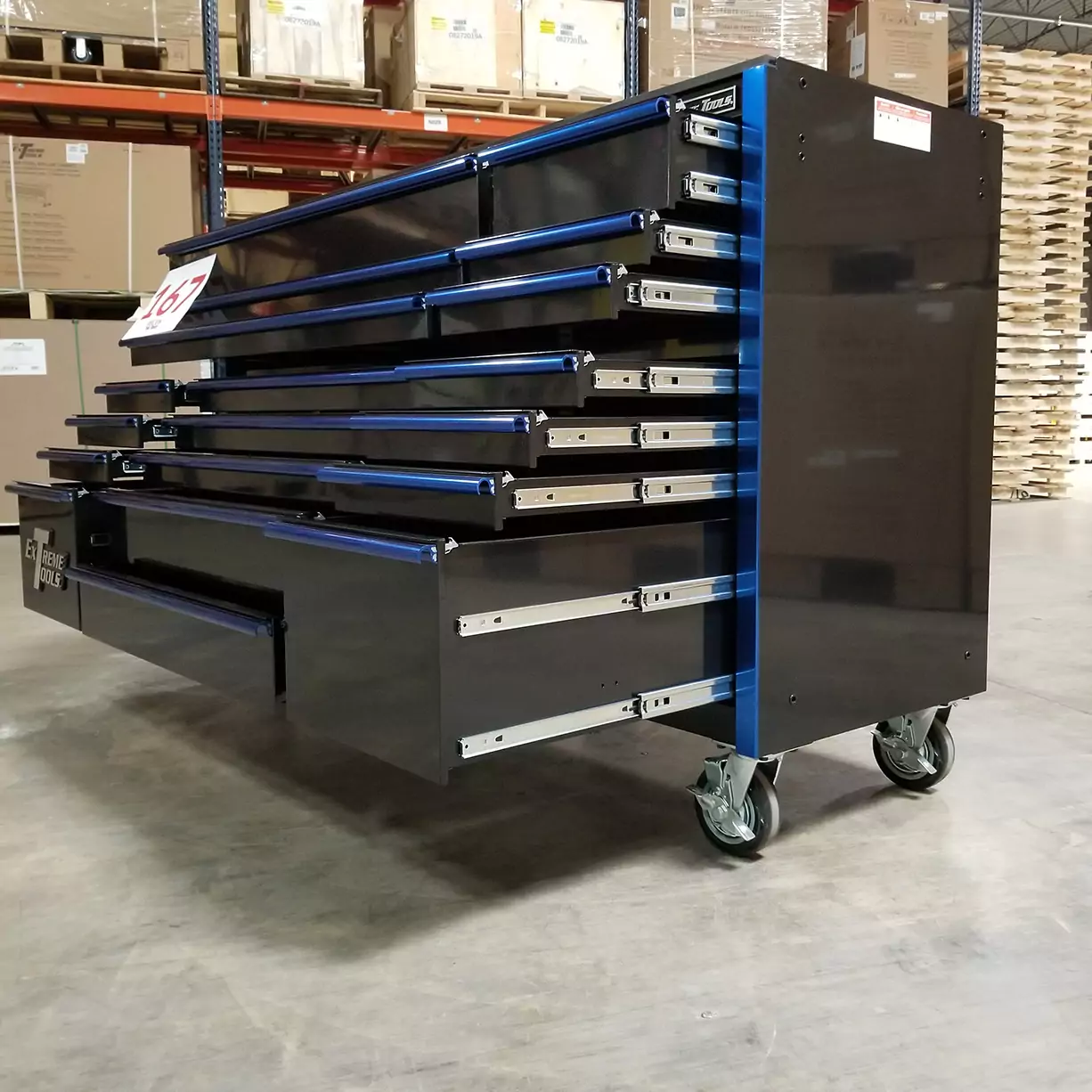 Extreme Tools RX Series 72" 19-Drawer Roller Cabinet, Black/Blue, Showroom Demo, 12-Gauge Steel, Full Extension Drawers