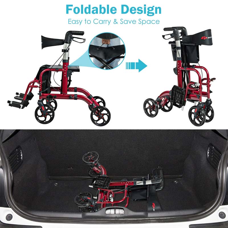 2 In 1 Rollator Walker Wheelchair Folding Medical Walker Aluminum Transport Chair Mobility Walking Aid - Comfortable And Ergonomic Design