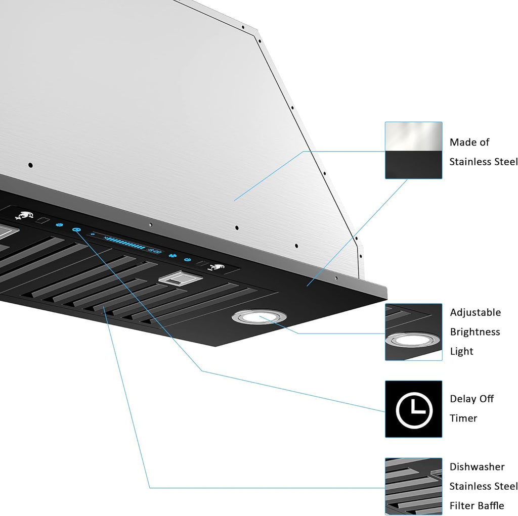 30 inch Built-in/Insert Range Hood 900 CFM, Ducted/Ductless Convertible Duct, Stainless Steel Kitchen Vent Hood with 4 Speed Gesture Sensing&Touch Control Panel(IKB01-30)