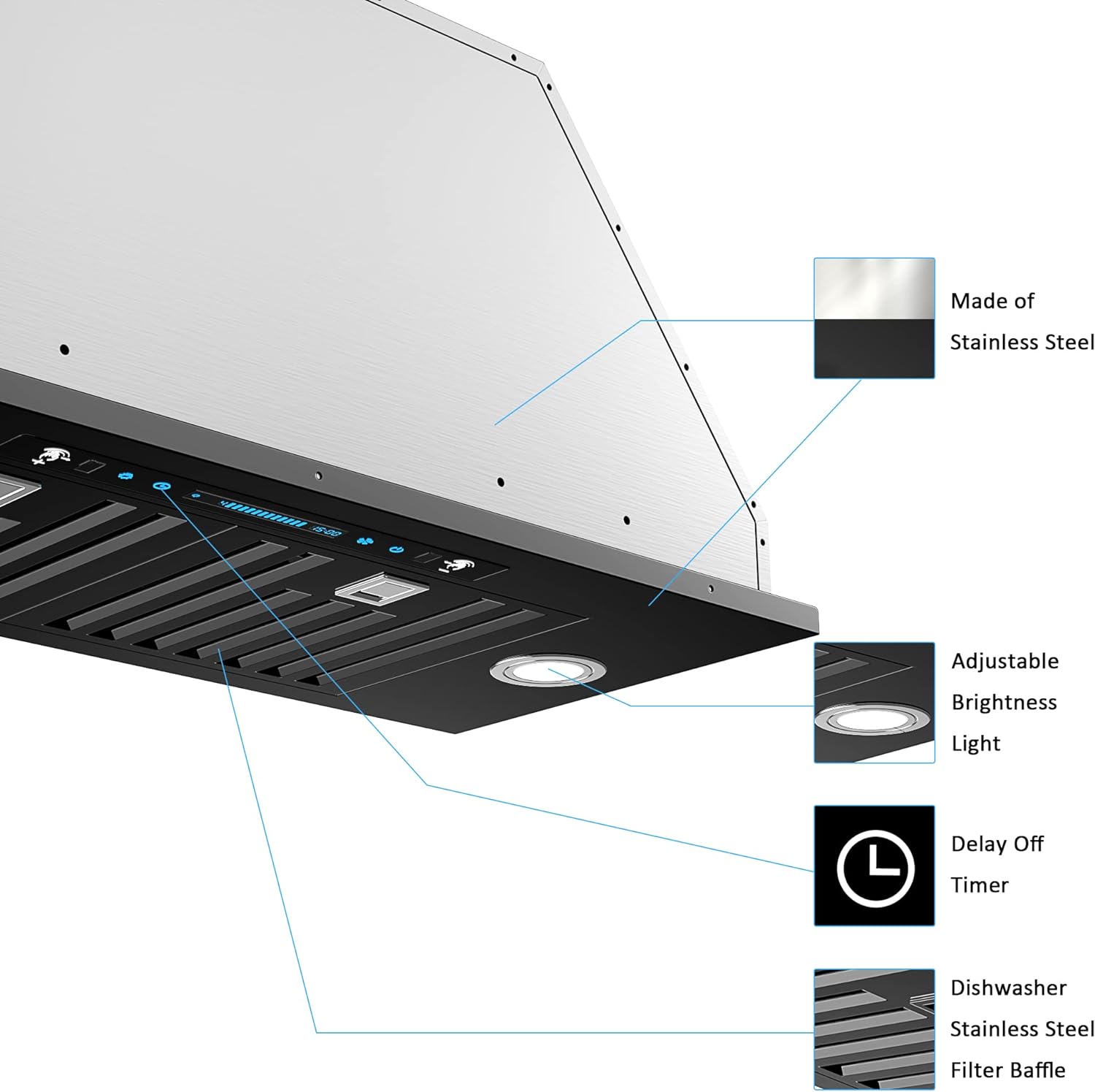 30 inch Built-in/Insert Range Hood 900 CFM, Ducted/Ductless Convertible Duct, Stainless Steel Kitchen Vent Hood with 4 Speed Gesture Sensing&Touch Control Panel(IKB01-30)