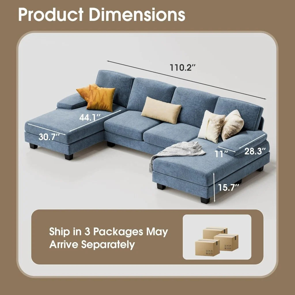 Furmax Sectional Couches for Living Room, U-Shaped Sofa Couch with Linen Fabric, 4 Seat Sofa Set with Double Chaise for Apartment (Fabric, Grey)