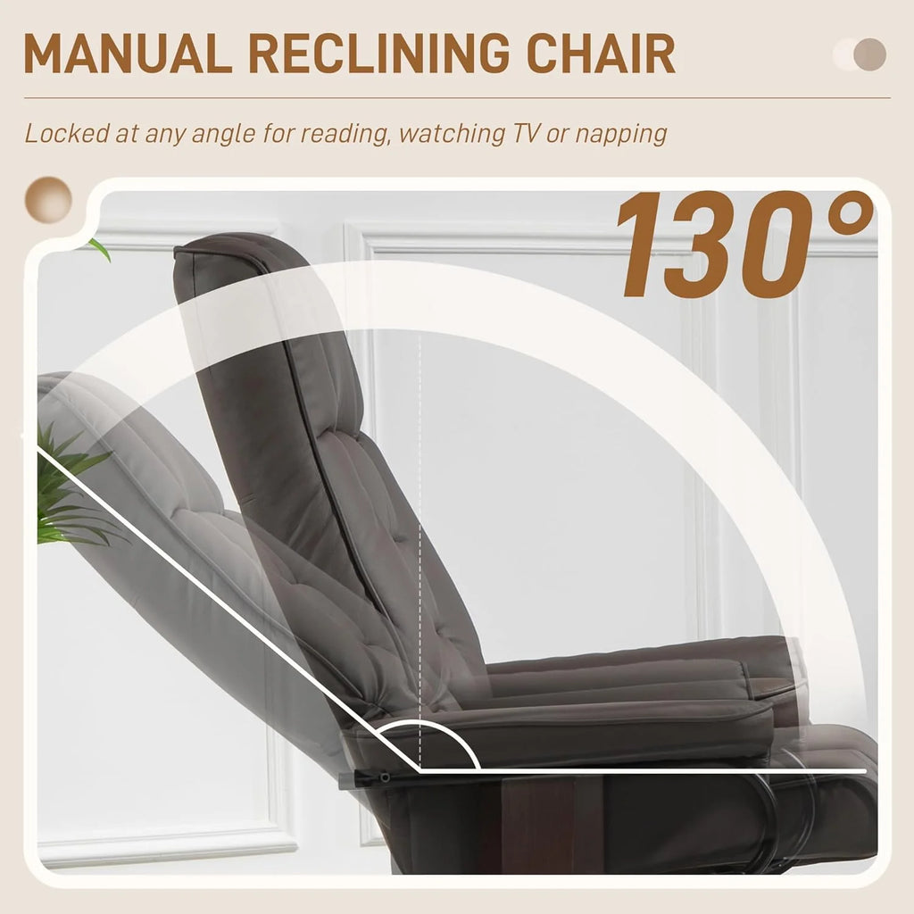 Faux Leather Recliner Chair with Swivel Ottoman High Back and Wood Frame Brown