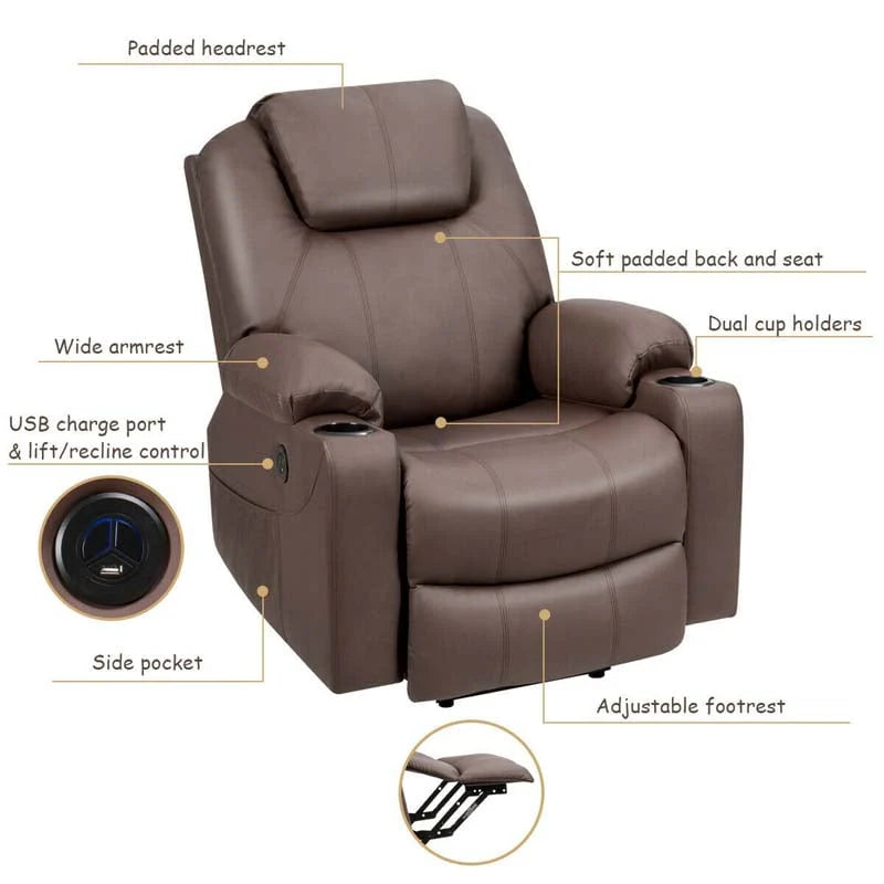 Electric Power Lift Recliner Leather Massage Reclining Sofa Elderly Lift Chair With Lumbar Heating Amp 8 Vibrating Nodes Cup Holder Usb Port - Comfortable And Ergonomic Design
