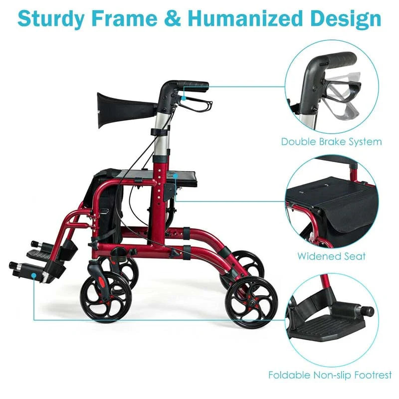 2 In 1 Rollator Walker Wheelchair Folding Medical Walker Aluminum Transport Chair Mobility Walking Aid - Comfortable And Ergonomic Design