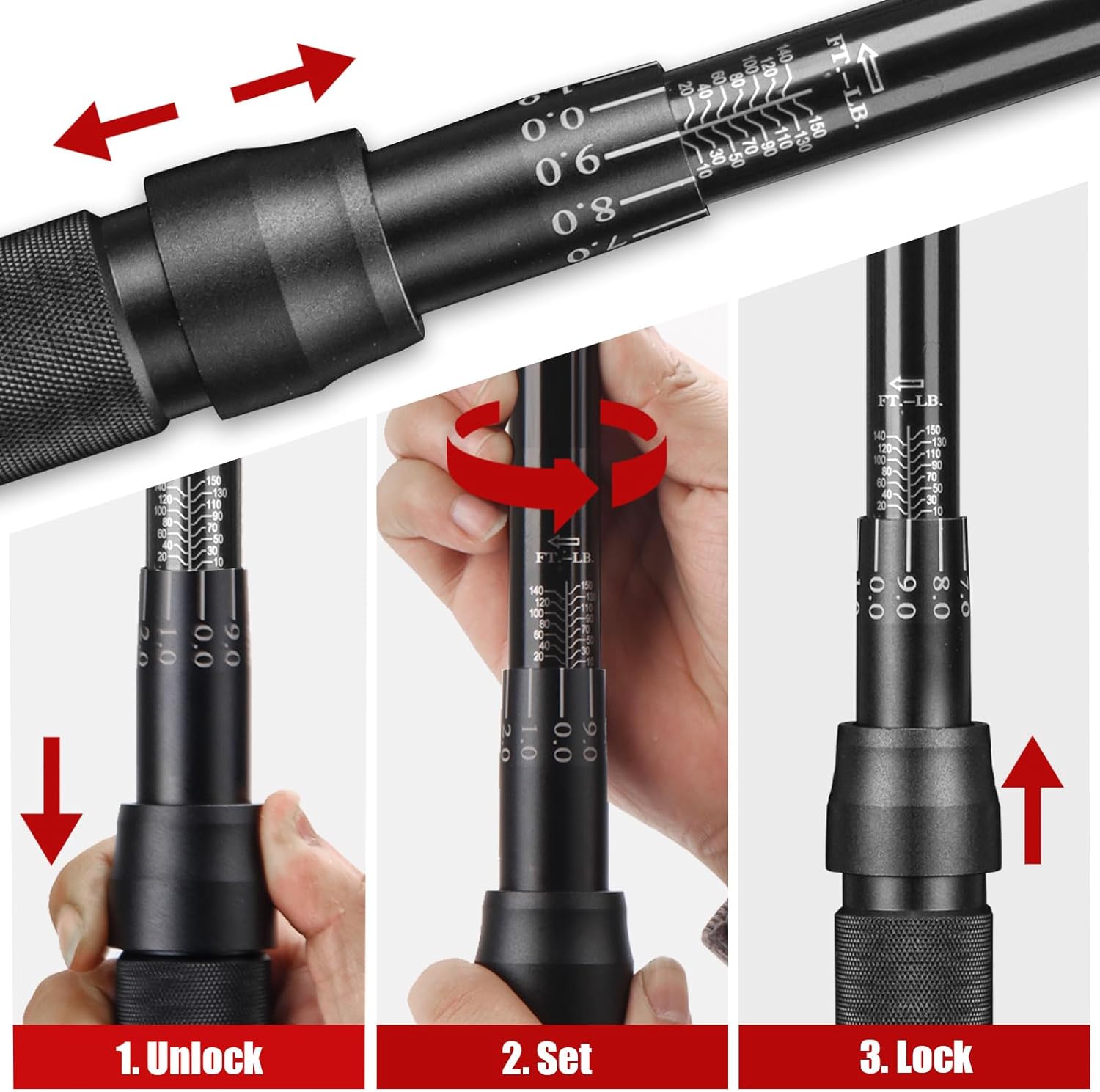 1-Inch Drive Click Torque Wrench, Dual-Scale Adjustable Torque Wrench Set with a Hex Key 200-1000ft.lb / 271-1356.7Nm