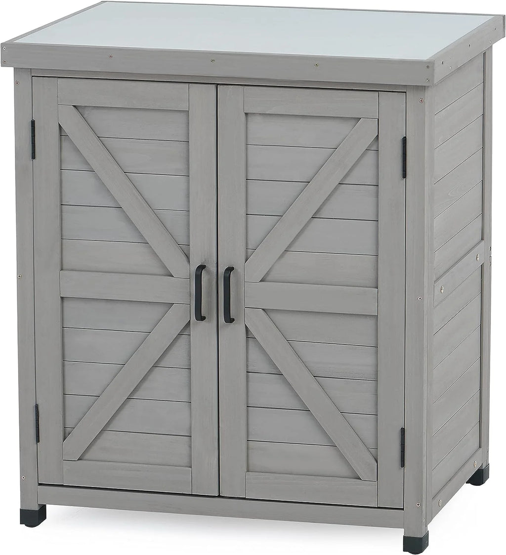Potting Bench with Storage Cabinet and Metal Table Top for Outdoor Patio, Garden Furniture Wood Workstation