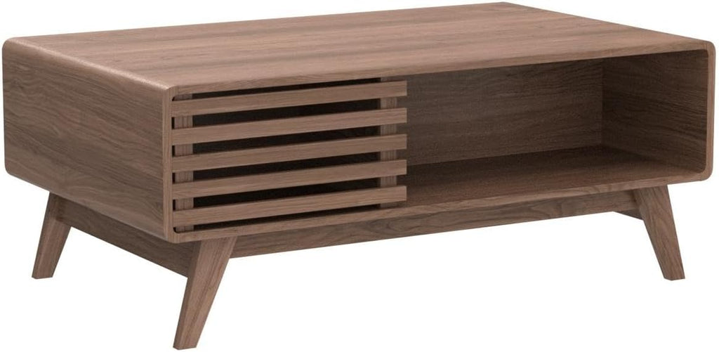 Mopio Ensley Mid Century Modern Rectangle Coffee Table with Dual Storage Shelf, Wood Slat Sliding Door, & Rounded Edge Protection for Living Room, Walnut Grain