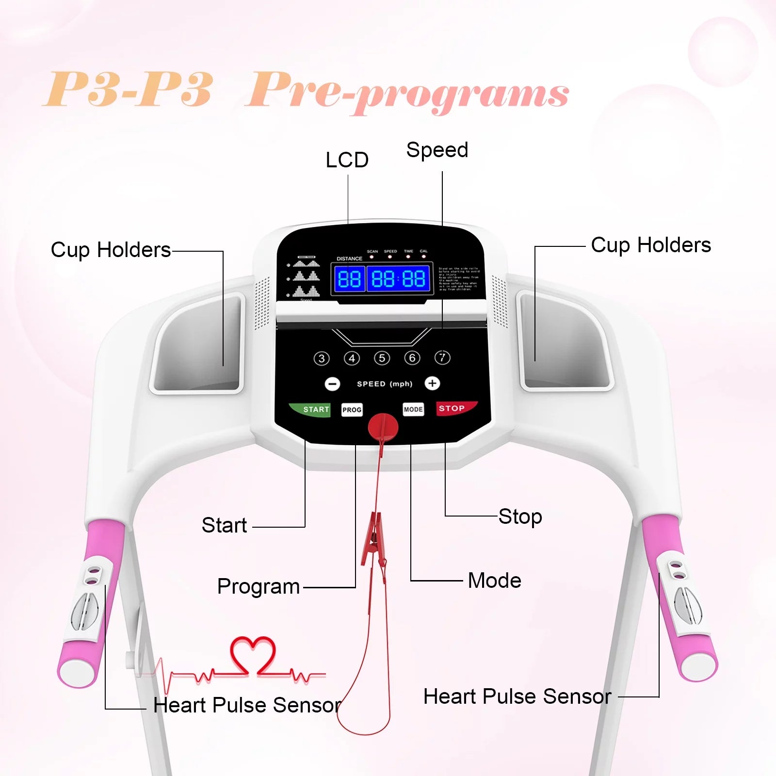 FYC Foldable Treadmills for Home, 2.5 HP, 7.5 MPH, Electric Running Treadmill Quiet Brushless Proform Treadmill for Home Gym, Running Machine with Heart Rate Sensor with LED Display (Pink)