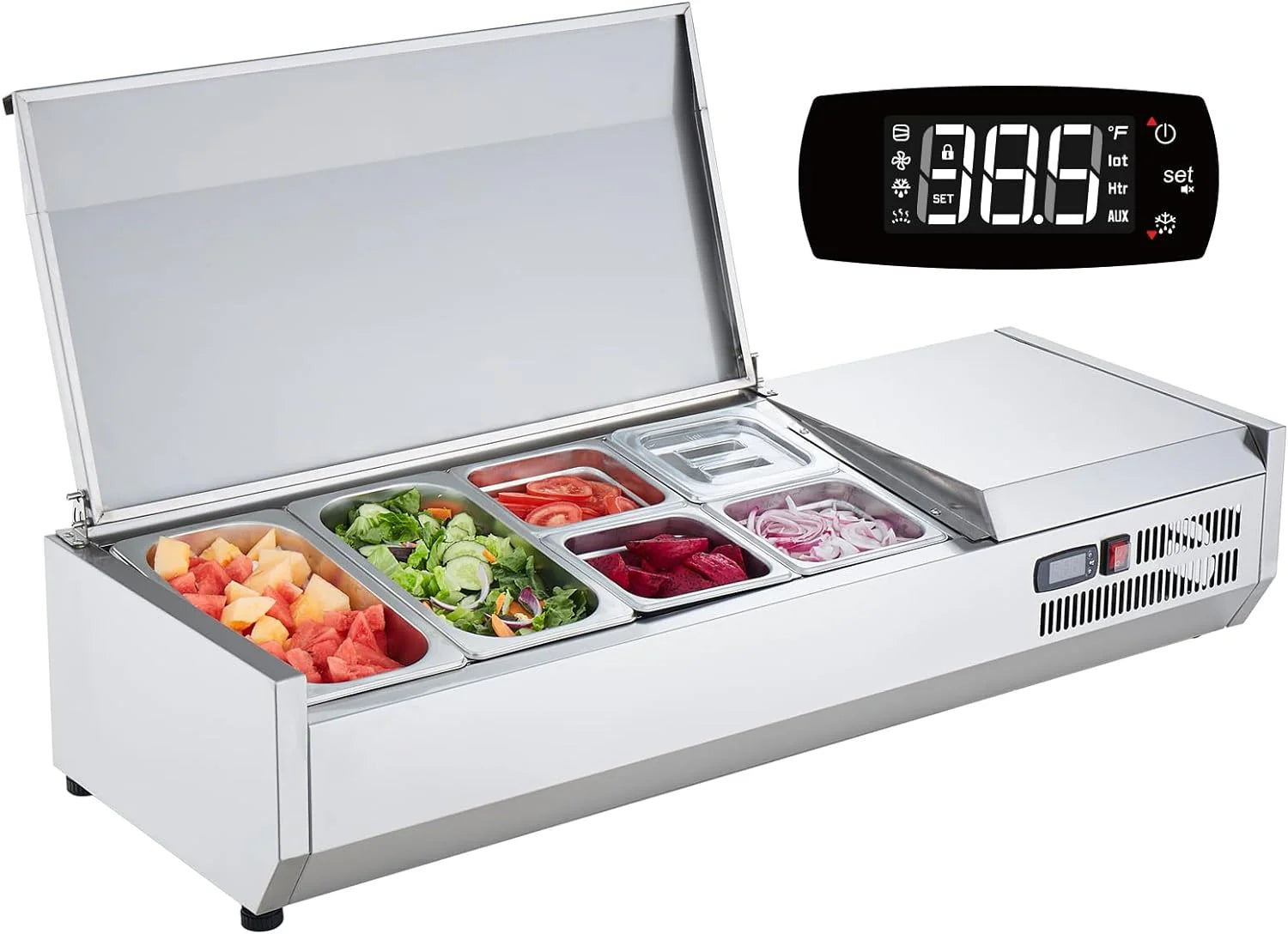 Refrigerated Condiment Prep Station, 135 W Countertop Refrigerated Condiment Station, with 2 1/3 Pans & 4 1/6 Pans, 304 Stainless Body and PC Lid, Sandwich Prep Table with Stainless Guard, ETL