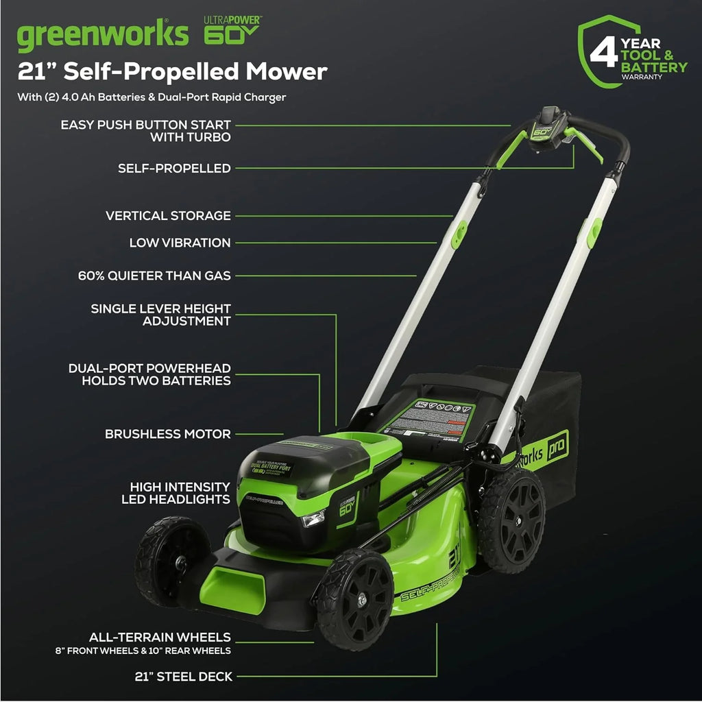 Greenworks 60V 21” Cordless (Self-Propelled) Lawn Mower , 2 x 4.0Ah Batteries and Dual Port Rapid Charger sgtnighsdesigns