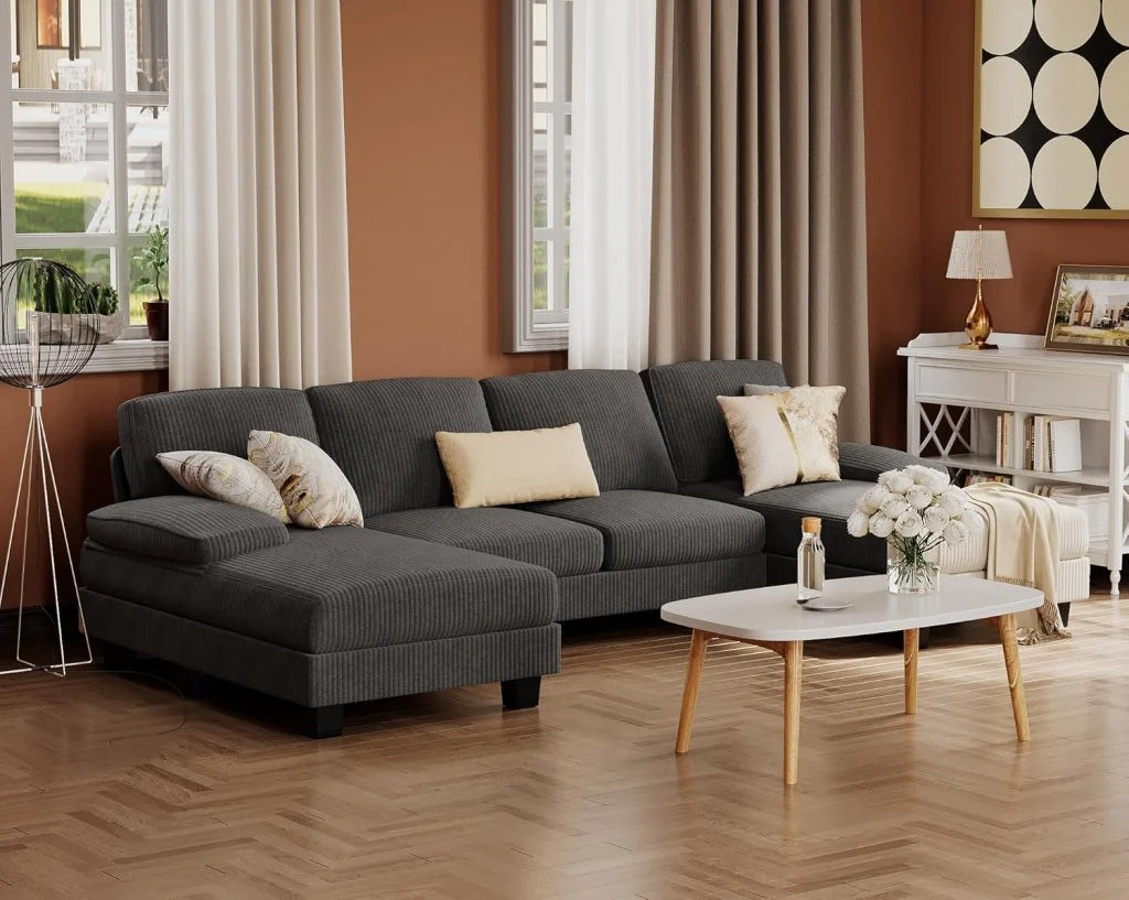 Furmax Sectional Couches for Living Room, U-Shaped Sofa Couch with Linen Fabric, 4 Seat Sofa Set with Double Chaise for Apartment (Fabric, Grey)