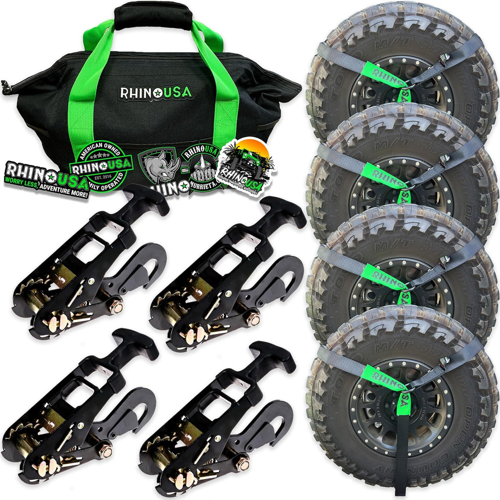 Car Tie Down Straps for Trailers with Flat Hooks (4-Pack) - 2 Inch x 8 Feet (10,000lb Break Strength) - Heavy Duty T-Handle Car Lasso Tire Straps for Trailer & UTV - Black