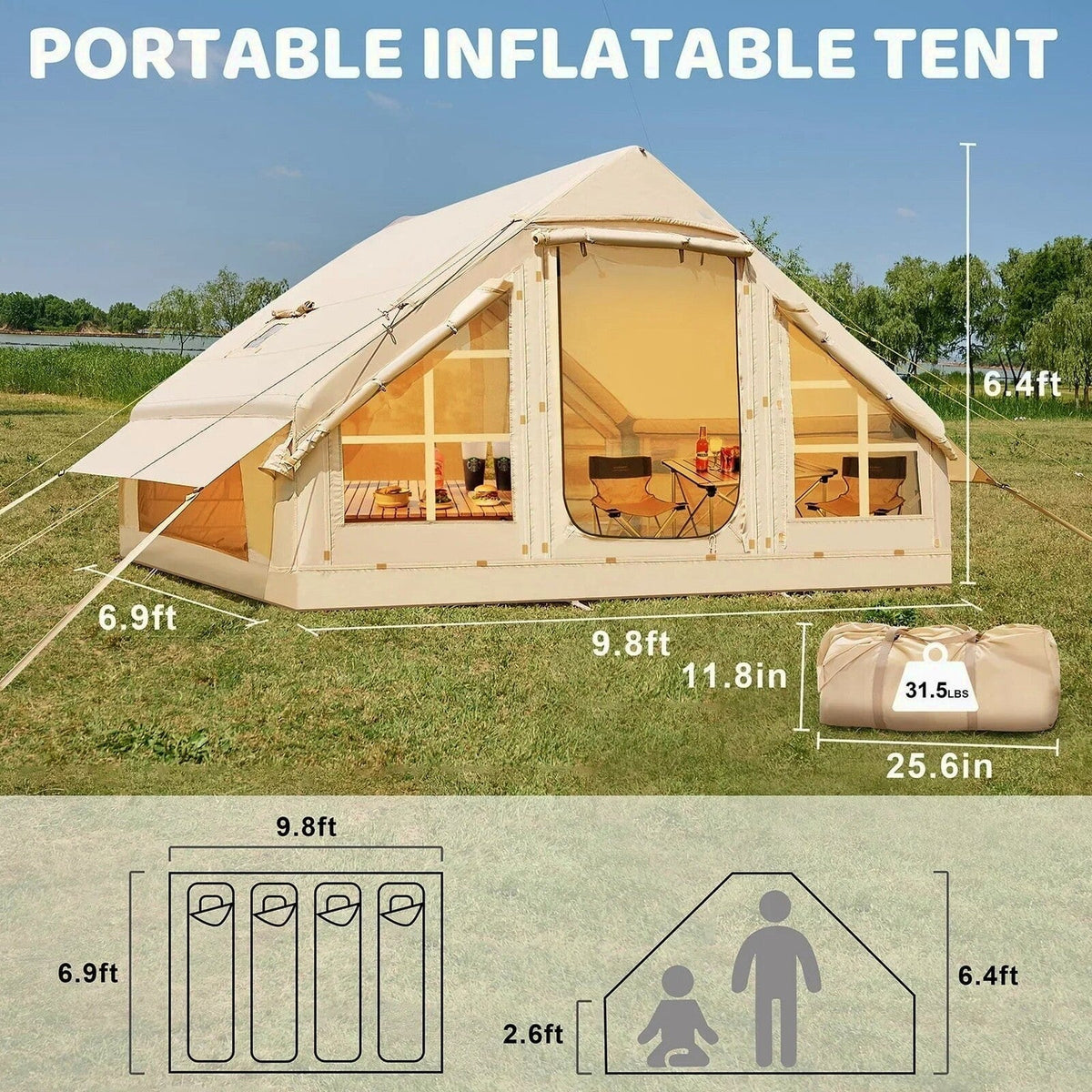 6 Person Inflatable Camping Tent with Pump, 10ft x7ft Glamping Family Tent Easy Setup 4 Season Waterproof Windproof Outdoor Blow Up Tent Luxury Oxford Cabin with Mesh Windows &amp; Doors sgtnighsdesigns