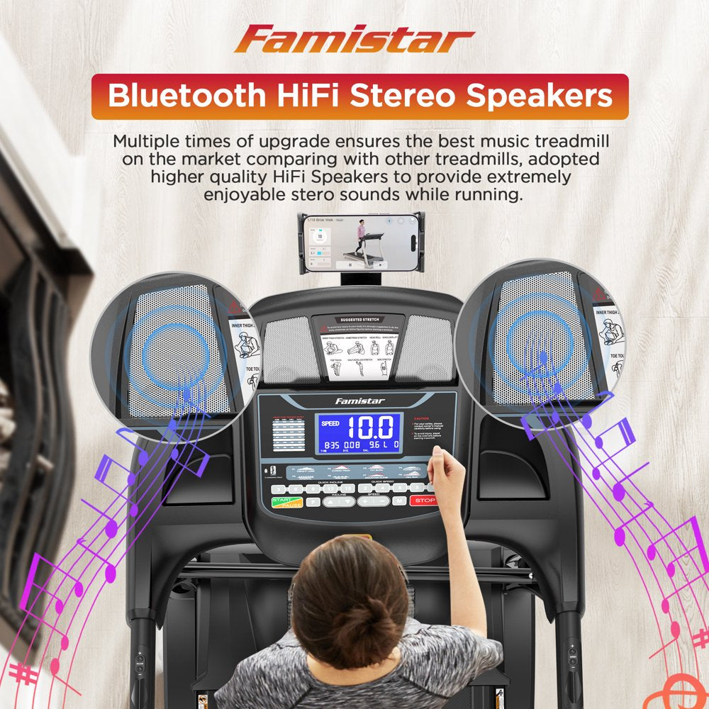 Famistar 4.5HP Folding Treadmill with 15 Auto Incline Levels, 10MPH Speed, 300LB Capacity, Bluetooth, LCD Display
