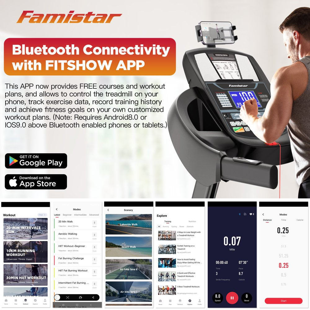 Famistar 4.5HP Folding Treadmill with 15 Auto Incline Levels, 10MPH Speed, 300LB Capacity, Bluetooth, LCD Display