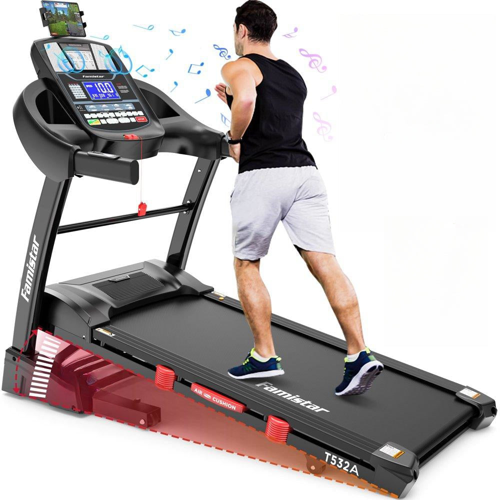 Famistar 4.5HP Folding Treadmill with 15 Auto Incline Levels, 10MPH Speed, 300LB Capacity, Bluetooth, LCD Display