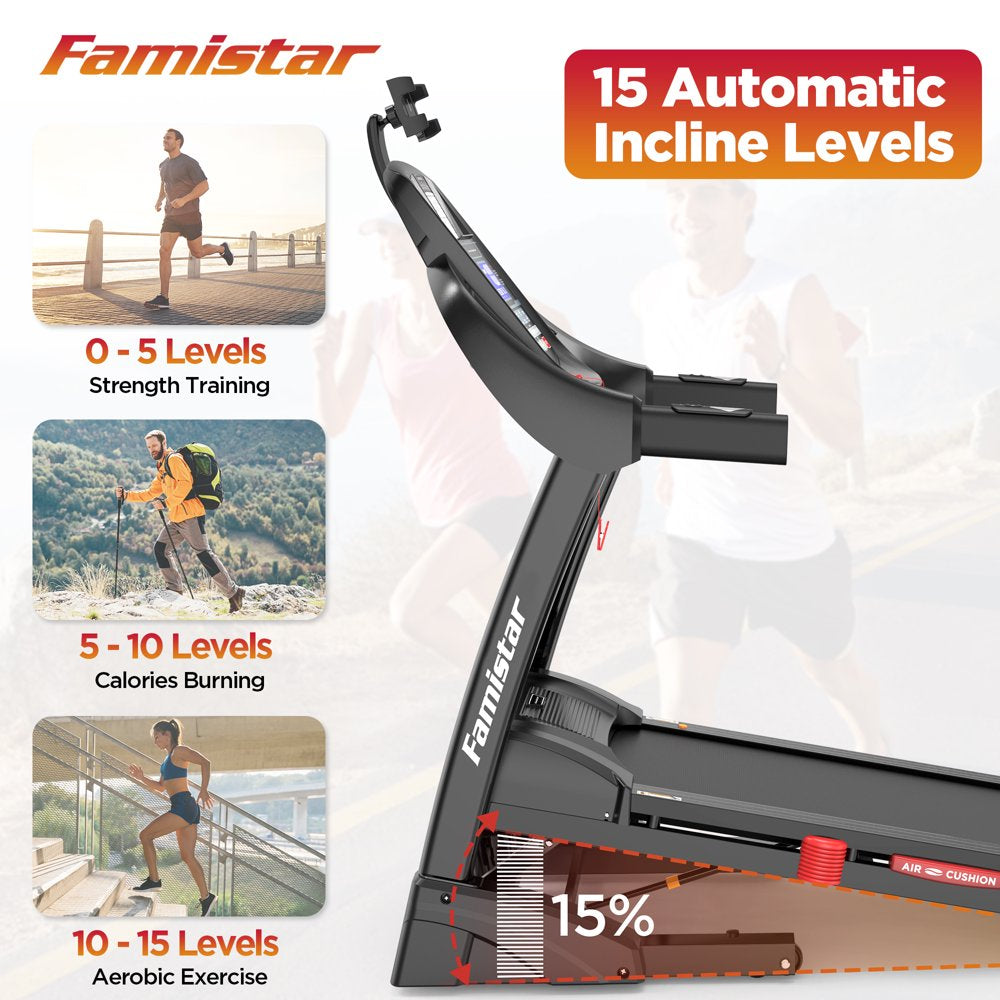 Famistar 4.5HP Folding Treadmill with 15 Auto Incline Levels, 10MPH Speed, 300LB Capacity, Bluetooth, LCD Display