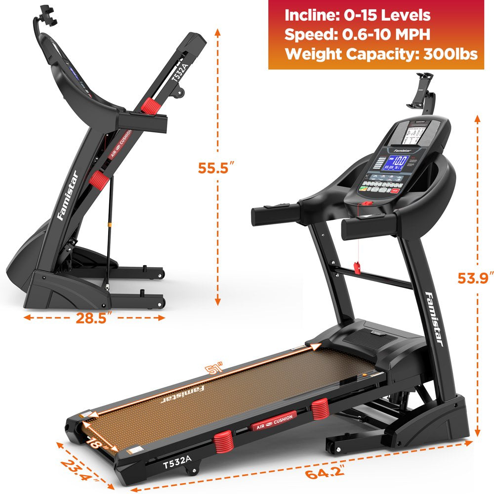 Famistar 4.5HP Folding Treadmill with 15 Auto Incline Levels, 10MPH Speed, 300LB Capacity, Bluetooth, LCD Display