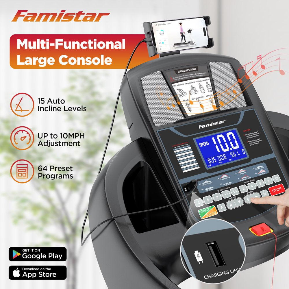 Famistar 4.5HP Folding Treadmill with 15 Auto Incline Levels, 10MPH Speed, 300LB Capacity, Bluetooth, LCD Display