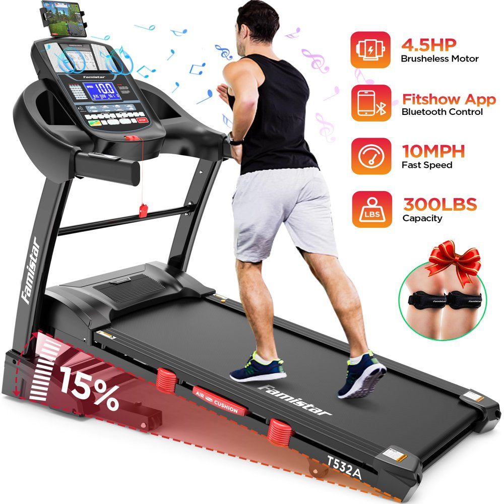 Famistar 4.5HP Folding Treadmill with 15 Auto Incline Levels, 10MPH Speed, 300LB Capacity, Bluetooth, LCD Display