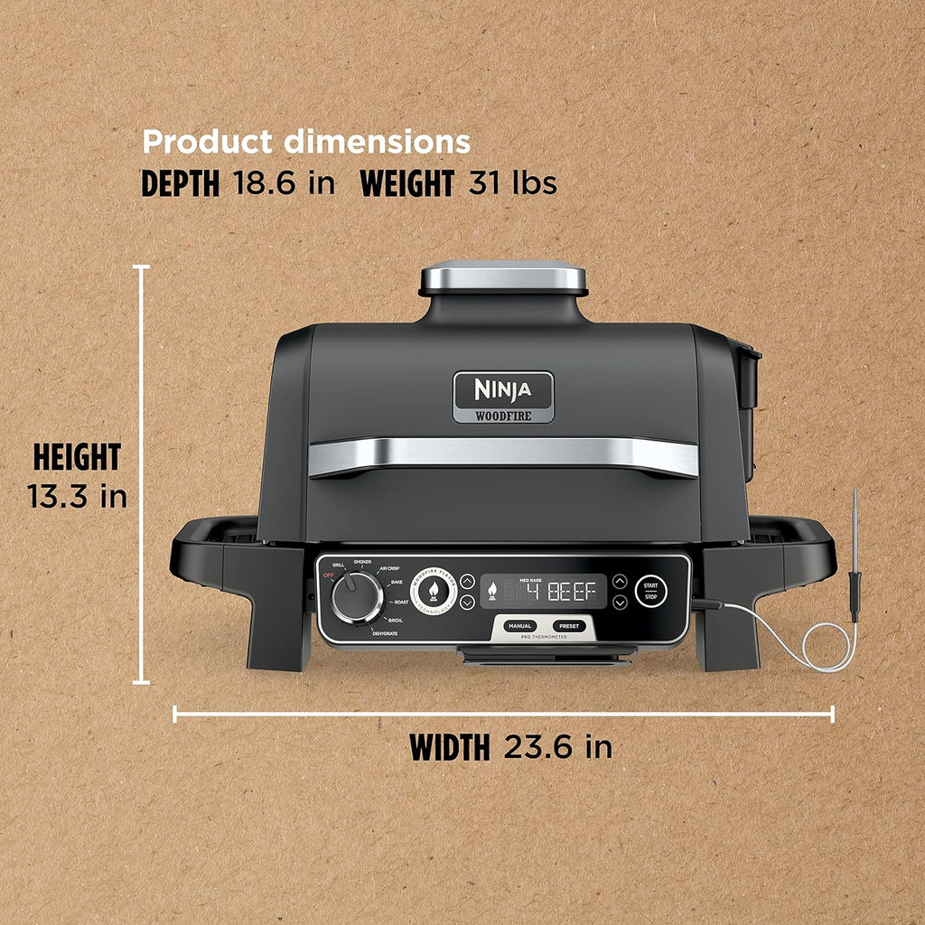 7-in-1 Grill & Smoker with Thermometer, Air Fryer, BBQ, Bake, Roast, Broil - Portable Electric Outdoor Grill, Grey