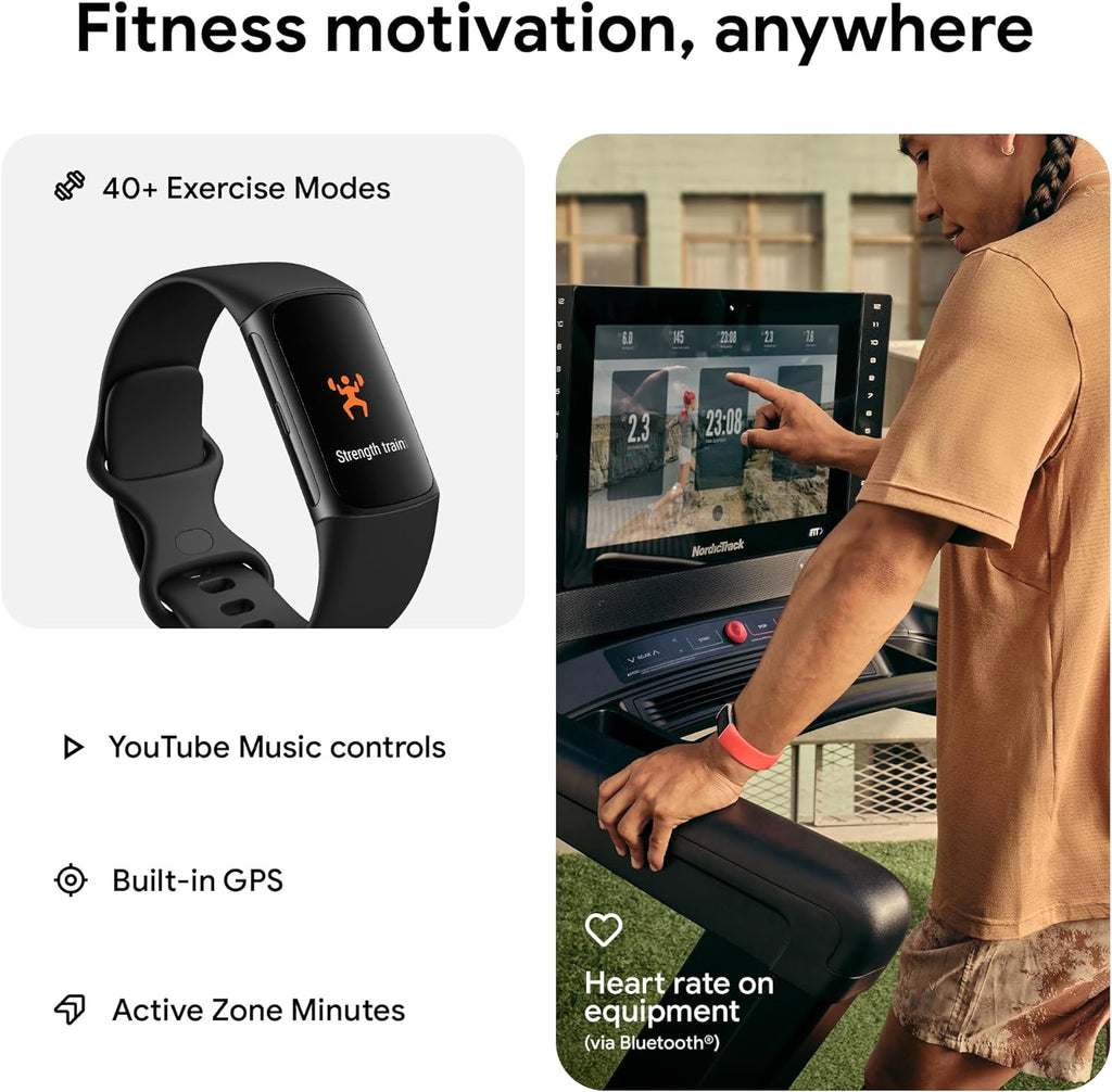 Fitbit Charge 6 Fitness Tracker, GPS, Heart Rate, Google Apps, 6-Month Premium, Obsidian/Black, One Size (S & L Bands)