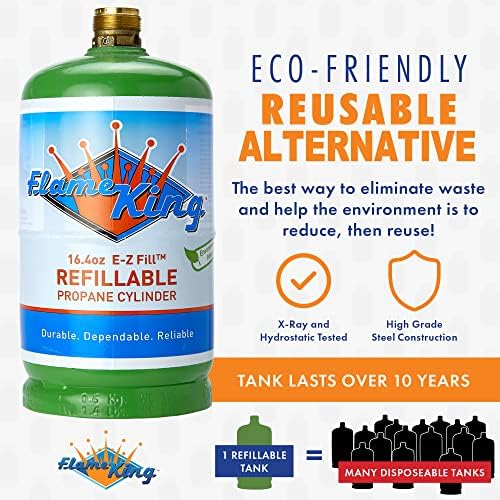 Flame King 1LB Refillable Propane Cylinder Tank, DOT Certified, High-Grade Steel, Green, 16.4 oz