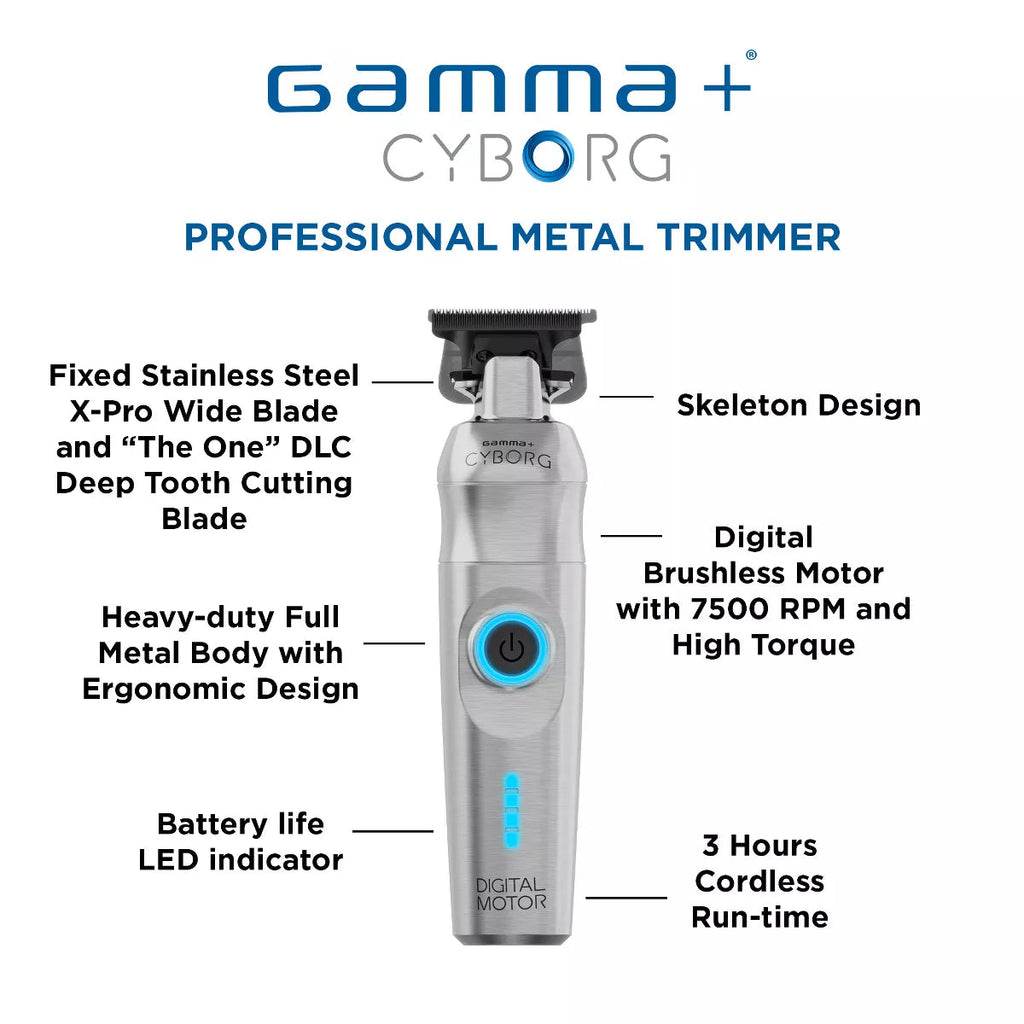 GAMMA+ Cyborg Professional Metal Hair Trimmer with Digital Brushless Motor, Stainless-Steel Blade, Lithium-Ion Battery, Ergonomic Design