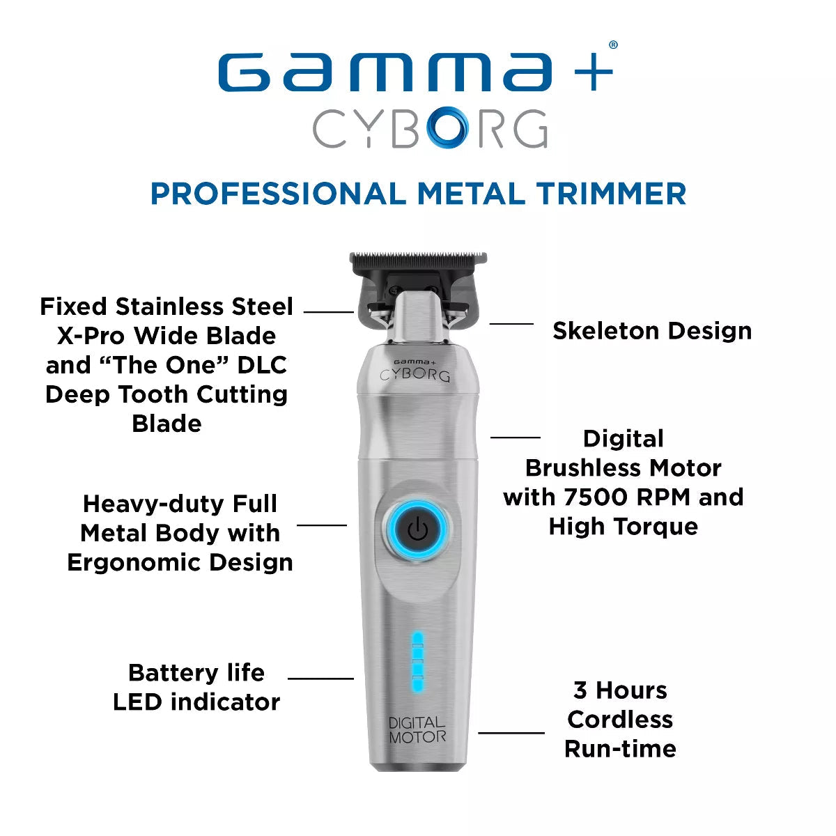 GAMMA+ Cyborg Professional Metal Hair Trimmer with Digital Brushless Motor, Stainless-Steel Blade, Lithium-Ion Battery, Ergonomic Design