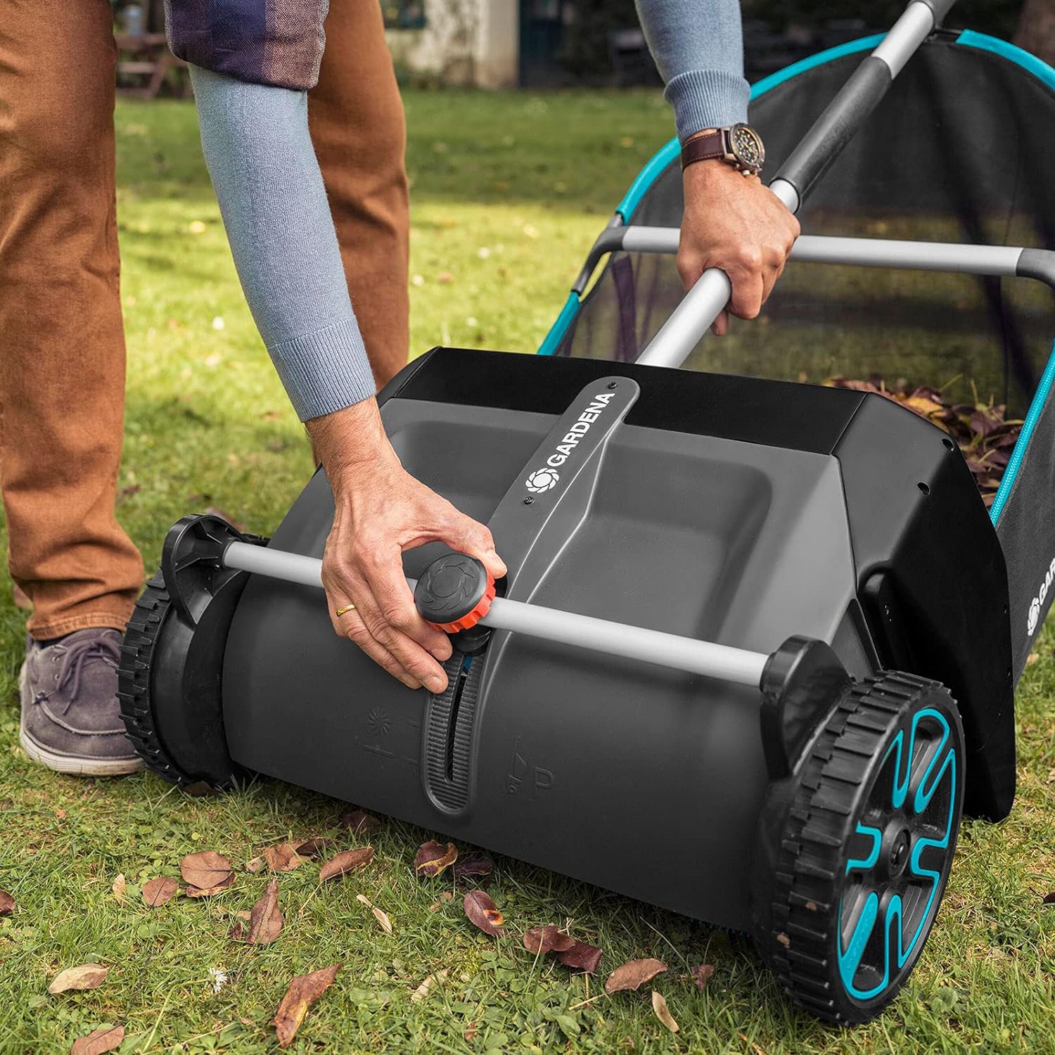 Gardena Leaf and Grass Collector, Manual, Plastic, 27.5" Cutting Width, Modern Style, Black/Turquoise/Orange/Gray, Model 03565-20