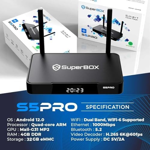 Generic S 5 Streaming Device 4K Black - Android 12, 4G RAM, 32G ROM, Voice Control, Wi-Fi, Bluetooth, HDMI, LED Strip