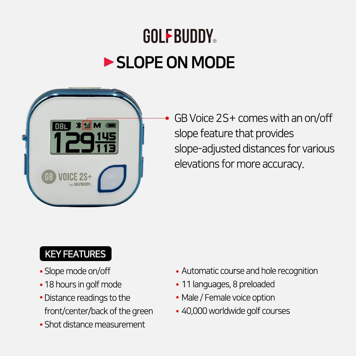 GOLFBUDDY Voice 2S+ Golf GPS Rangefinder with Slope Mode, 18-Hour Battery, Preloaded Courses, Blue
