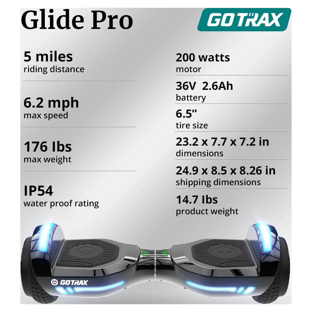 GOTRAX Glide Pro Bluetooth Hoverboard, 6.5" Wheels, LED Lights, Self-Balancing, UL2272 Certified, Silver