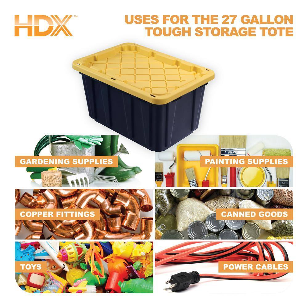 HDX 27-Gallon Black Stackable Waterproof Storage Tote with Yellow Lid, 5-Pack