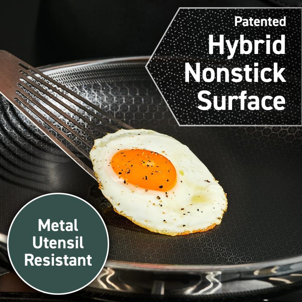 HexClad 12-Inch Hybrid Nonstick Fry Pan with Glass Lid, Dishwasher & Oven Safe, Silver