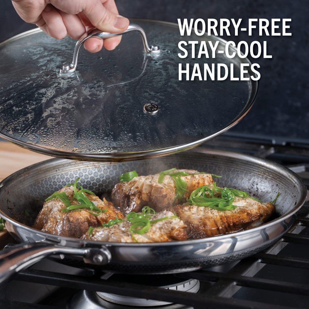 HexClad 12-Inch Hybrid Nonstick Fry Pan with Glass Lid, Dishwasher & Oven Safe, Silver
