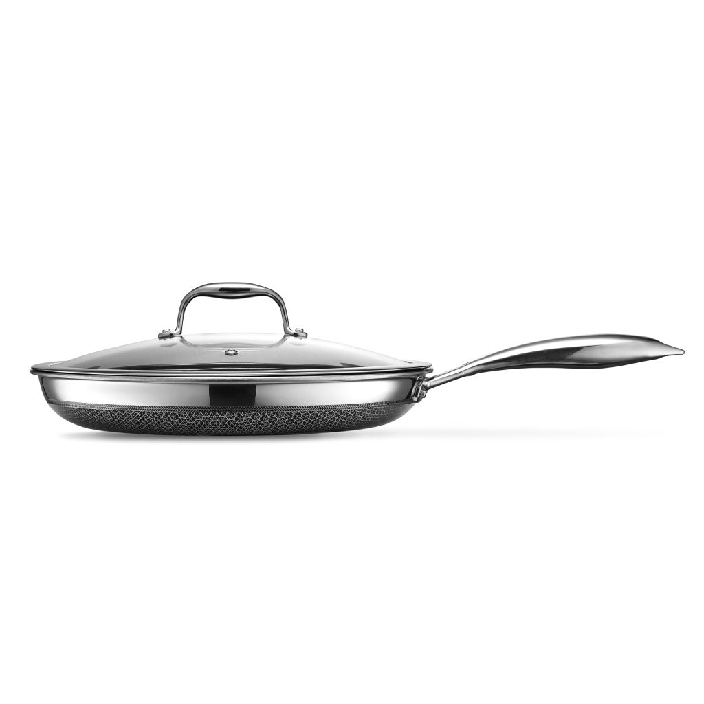HexClad 12-Inch Hybrid Nonstick Fry Pan with Glass Lid, Dishwasher & Oven Safe, Silver