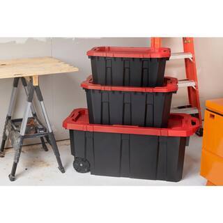 Husky 45 Gal. Heavy Duty Stackable Storage Tote with Wheels, Lockable Black Base & Red Lid