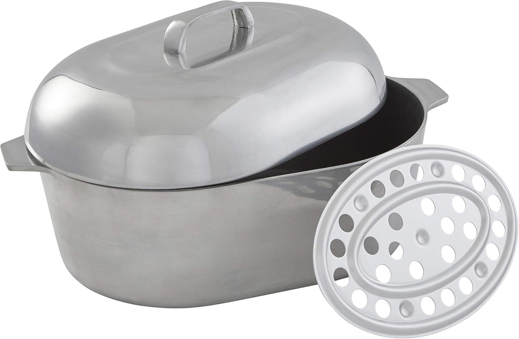 IMUSA Cajun 18" Heavy-Duty Cast Aluminum Oval Roaster with Steamer Inserts, Silver
