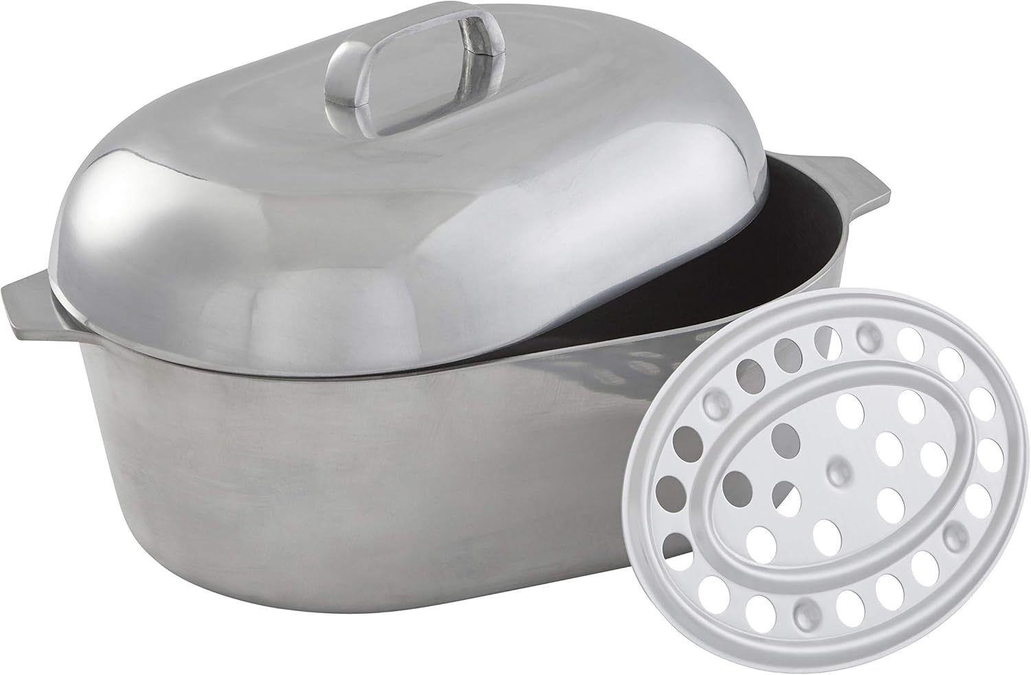 IMUSA Cajun 18" Heavy-Duty Cast Aluminum Oval Roaster with Steamer Inserts, Silver