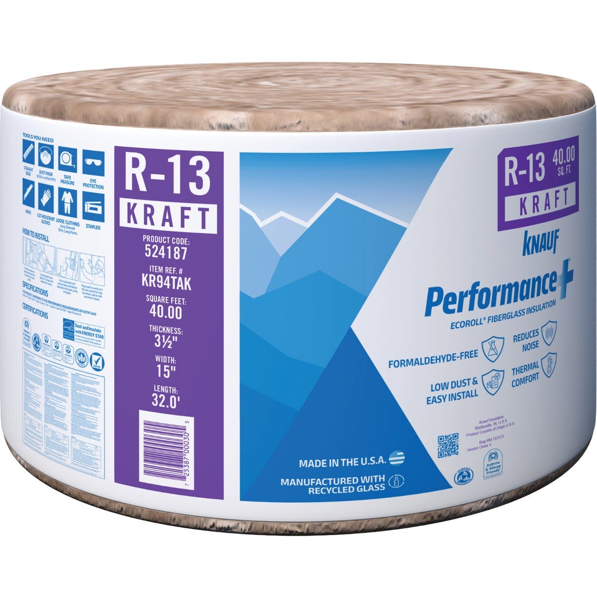 Knauf EcoRoll R-13 Kraft Faced Formaldehyde-Free Fiberglass Insulation, 15"x32', Sustainable & Easy Install